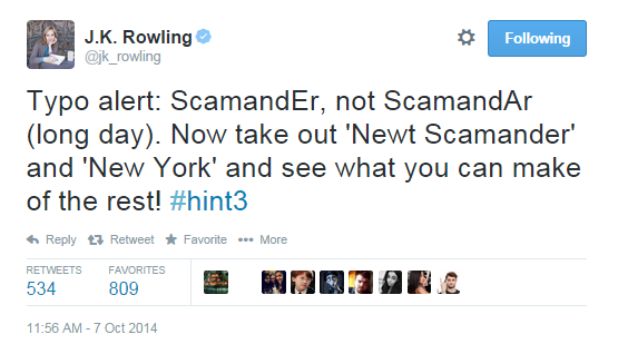 "Alerta de typo: ScamandEr, não ScamandAr (dia longo). Agora retire "Newt Scamander" e "New York" e veja o que você consegue fazer com o resto! #hint3"